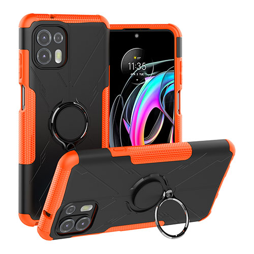 Silicone Matte Finish and Plastic Back Cover Case with Magnetic Finger Ring Stand S02 for Motorola Moto Edge 20 Lite 5G Orange