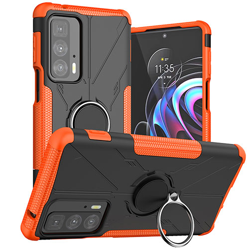 Silicone Matte Finish and Plastic Back Cover Case with Magnetic Finger Ring Stand S02 for Motorola Moto Edge 20 Pro 5G Orange