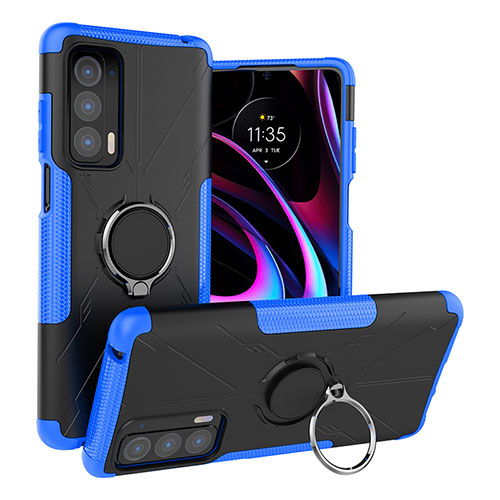 Silicone Matte Finish and Plastic Back Cover Case with Magnetic Finger Ring Stand S02 for Motorola Moto Edge (2021) 5G Blue