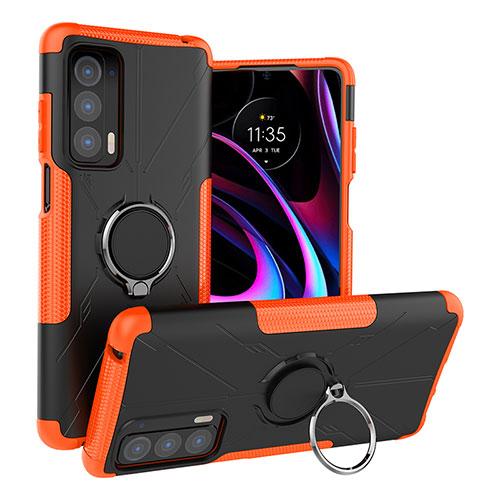 Silicone Matte Finish and Plastic Back Cover Case with Magnetic Finger Ring Stand S02 for Motorola Moto Edge (2021) 5G Orange