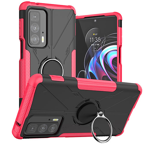 Silicone Matte Finish and Plastic Back Cover Case with Magnetic Finger Ring Stand S02 for Motorola Moto Edge S Pro 5G Hot Pink