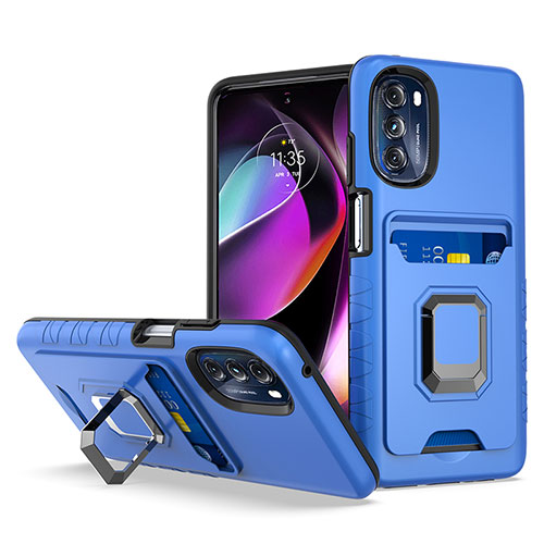 Silicone Matte Finish and Plastic Back Cover Case with Magnetic Finger Ring Stand S02 for Motorola Moto G 5G (2022) Blue