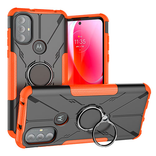 Silicone Matte Finish and Plastic Back Cover Case with Magnetic Finger Ring Stand S02 for Motorola Moto G Play (2023) Orange