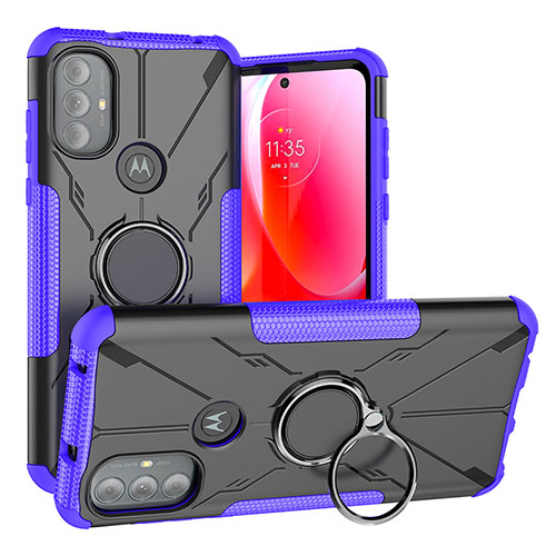 Silicone Matte Finish and Plastic Back Cover Case with Magnetic Finger Ring Stand S02 for Motorola Moto G Play (2023) Purple