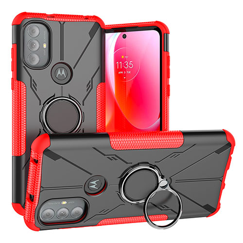 Silicone Matte Finish and Plastic Back Cover Case with Magnetic Finger Ring Stand S02 for Motorola Moto G Play Gen 2 Red