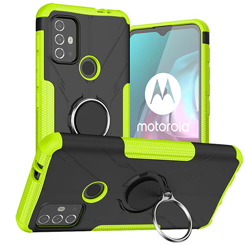 Silicone Matte Finish and Plastic Back Cover Case with Magnetic Finger Ring Stand S02 for Motorola Moto G30 Green