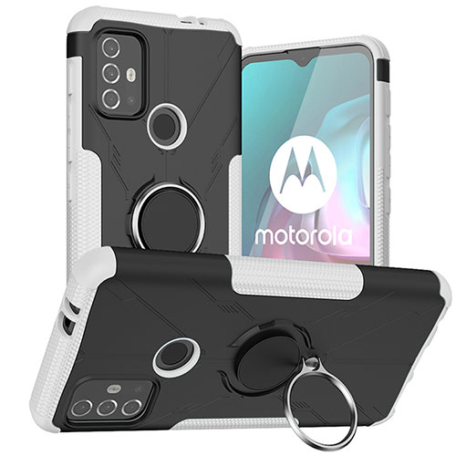 Silicone Matte Finish and Plastic Back Cover Case with Magnetic Finger Ring Stand S02 for Motorola Moto G30 White