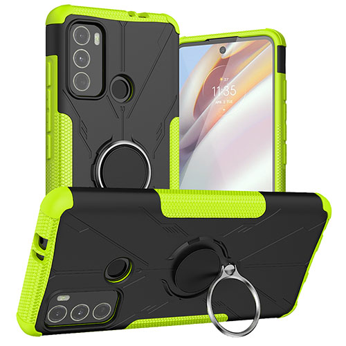 Silicone Matte Finish and Plastic Back Cover Case with Magnetic Finger Ring Stand S02 for Motorola Moto G40 Fusion Green