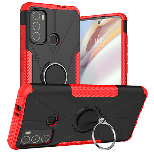 Silicone Matte Finish and Plastic Back Cover Case with Magnetic Finger Ring Stand S02 for Motorola Moto G40 Fusion Red