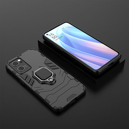 Silicone Matte Finish and Plastic Back Cover Case with Magnetic Finger Ring Stand S02 for OnePlus Nord CE 2 5G Black