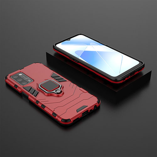 Silicone Matte Finish and Plastic Back Cover Case with Magnetic Finger Ring Stand S02 for Oppo A53s 5G Red