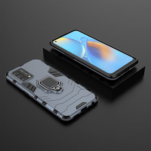 Silicone Matte Finish and Plastic Back Cover Case with Magnetic Finger Ring Stand S02 for Oppo A74 4G Blue