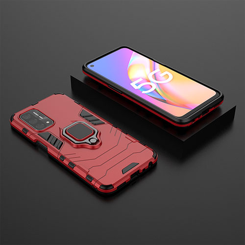 Silicone Matte Finish and Plastic Back Cover Case with Magnetic Finger Ring Stand S02 for Oppo A74 5G Red