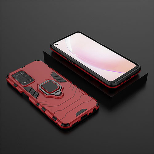 Silicone Matte Finish and Plastic Back Cover Case with Magnetic Finger Ring Stand S02 for Oppo A93s 5G Red