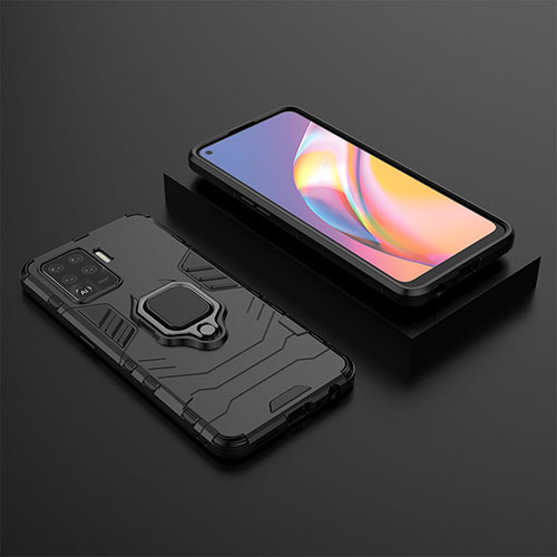 Silicone Matte Finish and Plastic Back Cover Case with Magnetic Finger Ring Stand S02 for Oppo A94 4G Black