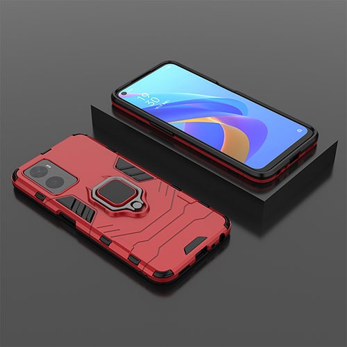 Silicone Matte Finish and Plastic Back Cover Case with Magnetic Finger Ring Stand S02 for Oppo A96 4G Red