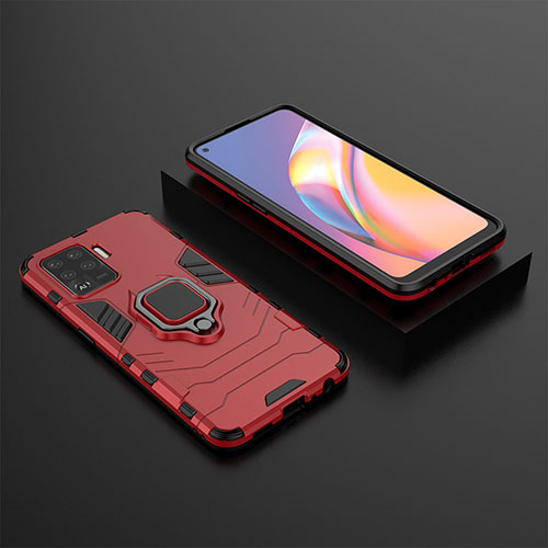 Silicone Matte Finish and Plastic Back Cover Case with Magnetic Finger Ring Stand S02 for Oppo F19 Pro Red