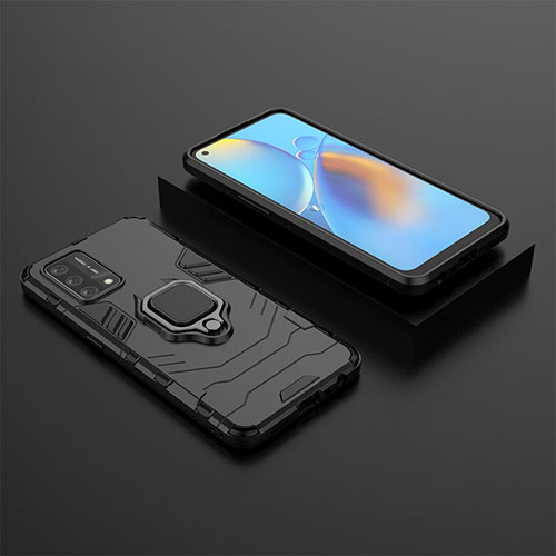 Silicone Matte Finish and Plastic Back Cover Case with Magnetic Finger Ring Stand S02 for Oppo F19s Black