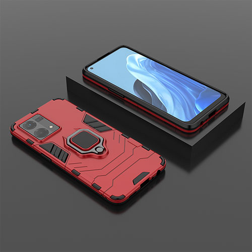 Silicone Matte Finish and Plastic Back Cover Case with Magnetic Finger Ring Stand S02 for Oppo F21 Pro 4G Red