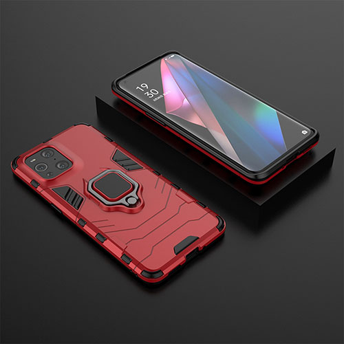 Silicone Matte Finish and Plastic Back Cover Case with Magnetic Finger Ring Stand S02 for Oppo Find X3 5G Red