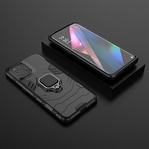 Silicone Matte Finish and Plastic Back Cover Case with Magnetic Finger Ring Stand S02 for Oppo Find X3 Pro 5G Black