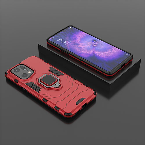 Silicone Matte Finish and Plastic Back Cover Case with Magnetic Finger Ring Stand S02 for Oppo Find X5 Pro 5G Red