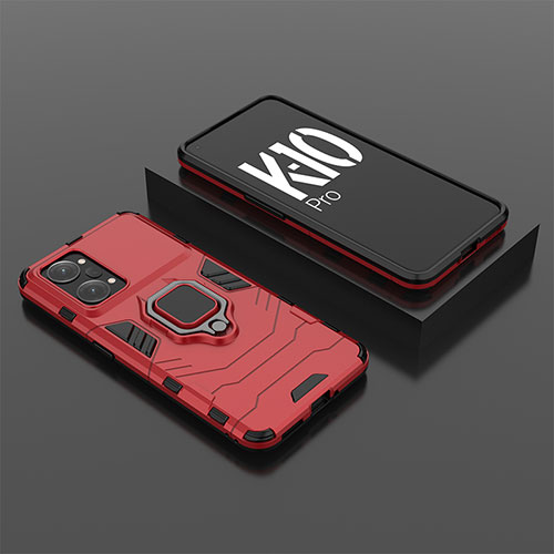 Silicone Matte Finish and Plastic Back Cover Case with Magnetic Finger Ring Stand S02 for Oppo K10 Pro 5G Red