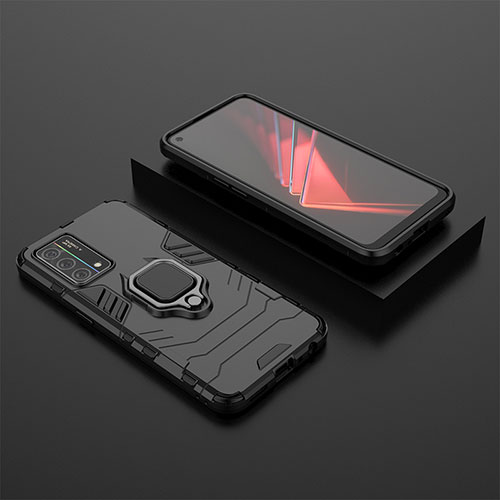 Silicone Matte Finish and Plastic Back Cover Case with Magnetic Finger Ring Stand S02 for Oppo K9 5G Black