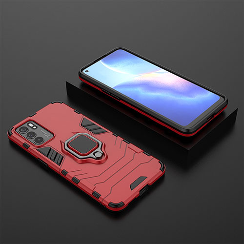 Silicone Matte Finish and Plastic Back Cover Case with Magnetic Finger Ring Stand S02 for Oppo Reno6 5G Red