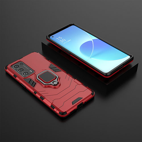 Silicone Matte Finish and Plastic Back Cover Case with Magnetic Finger Ring Stand S02 for Oppo Reno6 Pro 5G Red