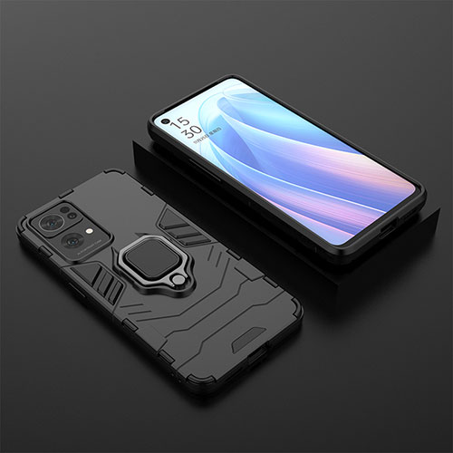 Silicone Matte Finish and Plastic Back Cover Case with Magnetic Finger Ring Stand S02 for Oppo Reno7 Pro 5G Black