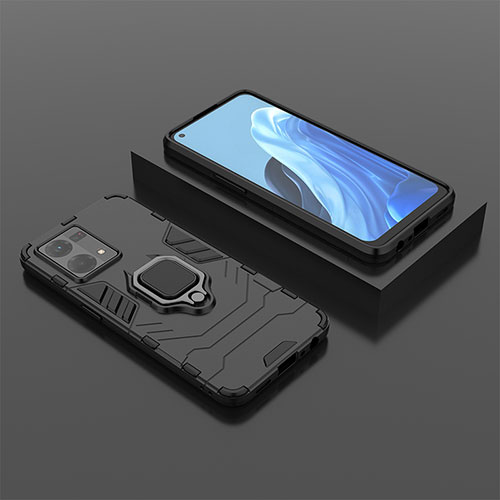 Silicone Matte Finish and Plastic Back Cover Case with Magnetic Finger Ring Stand S02 for Oppo Reno8 4G Black