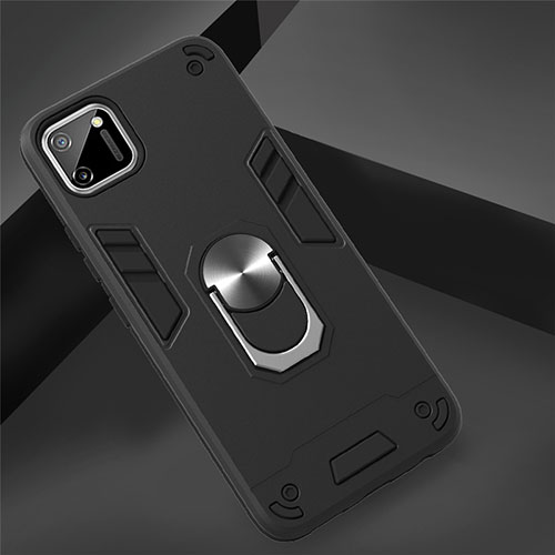 Silicone Matte Finish and Plastic Back Cover Case with Magnetic Finger Ring Stand S02 for Realme C11 Black