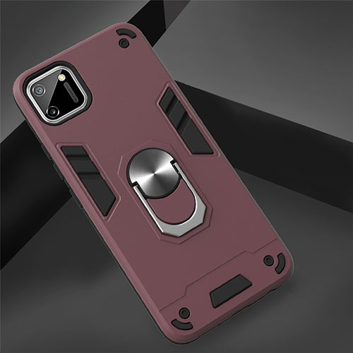 Silicone Matte Finish and Plastic Back Cover Case with Magnetic Finger Ring Stand S02 for Realme C11 Red Wine