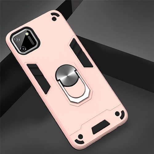 Silicone Matte Finish and Plastic Back Cover Case with Magnetic Finger Ring Stand S02 for Realme C11 Rose Gold