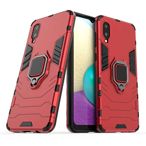 Silicone Matte Finish and Plastic Back Cover Case with Magnetic Finger Ring Stand S02 for Samsung Galaxy A02 Red