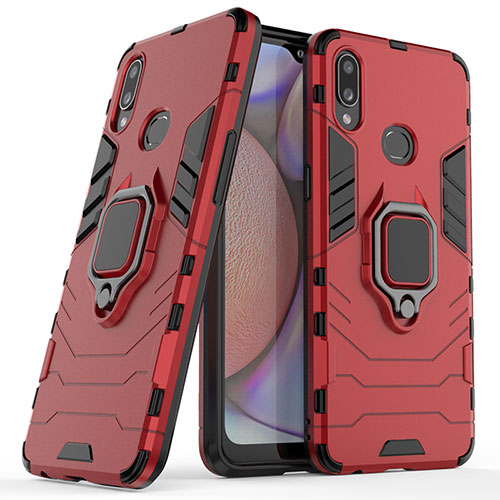 Silicone Matte Finish and Plastic Back Cover Case with Magnetic Finger Ring Stand S02 for Samsung Galaxy A10s Red