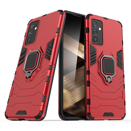 Silicone Matte Finish and Plastic Back Cover Case with Magnetic Finger Ring Stand S02 for Samsung Galaxy A15 4G Red