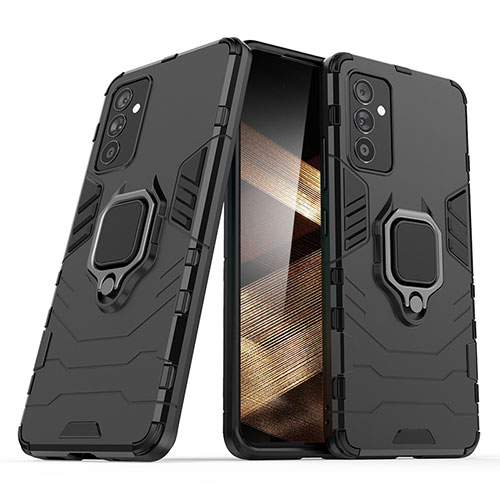 Silicone Matte Finish and Plastic Back Cover Case with Magnetic Finger Ring Stand S02 for Samsung Galaxy A15 LTE Black