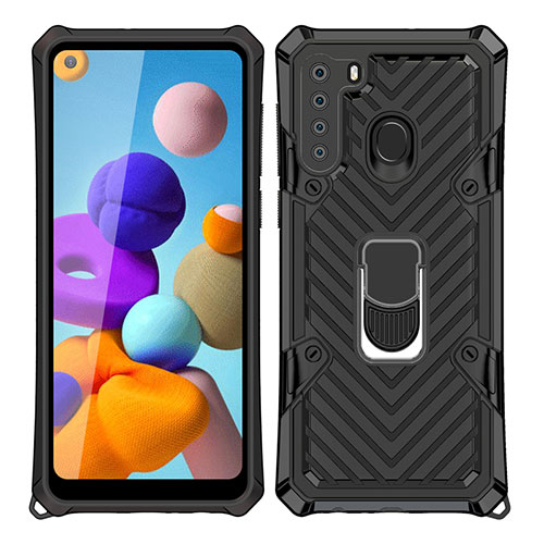 Silicone Matte Finish and Plastic Back Cover Case with Magnetic Finger Ring Stand S02 for Samsung Galaxy A21 Black