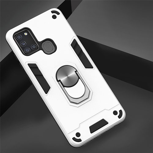 Silicone Matte Finish and Plastic Back Cover Case with Magnetic Finger Ring Stand S02 for Samsung Galaxy A21s White