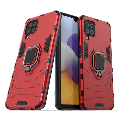 Silicone Matte Finish and Plastic Back Cover Case with Magnetic Finger Ring Stand S02 for Samsung Galaxy A22 4G Red