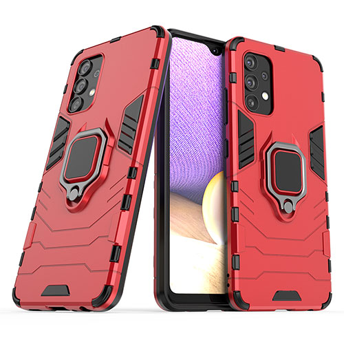 Silicone Matte Finish and Plastic Back Cover Case with Magnetic Finger Ring Stand S02 for Samsung Galaxy A32 4G Red