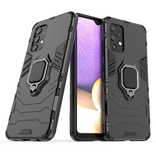 Silicone Matte Finish and Plastic Back Cover Case with Magnetic Finger Ring Stand S02 for Samsung Galaxy A32 5G Black