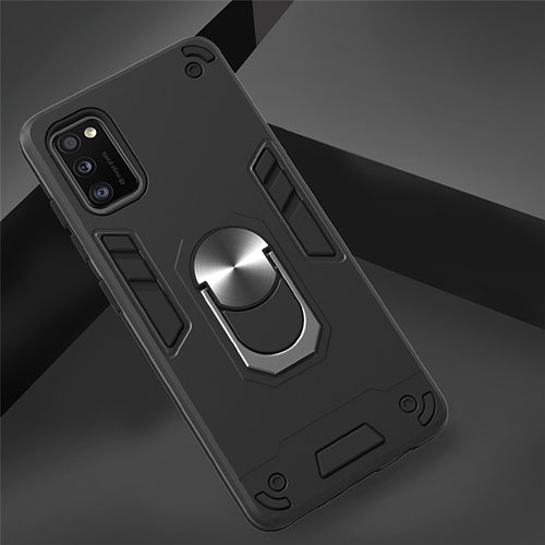 Silicone Matte Finish and Plastic Back Cover Case with Magnetic Finger Ring Stand S02 for Samsung Galaxy A41 Black