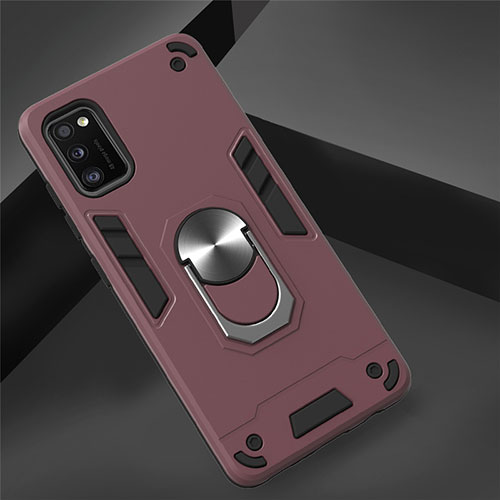 Silicone Matte Finish and Plastic Back Cover Case with Magnetic Finger Ring Stand S02 for Samsung Galaxy A41 Red Wine