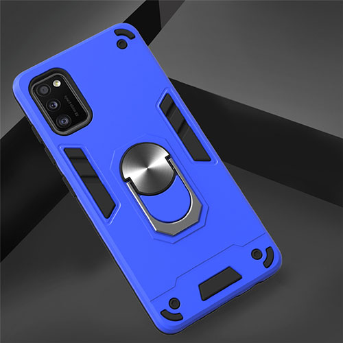 Silicone Matte Finish and Plastic Back Cover Case with Magnetic Finger Ring Stand S02 for Samsung Galaxy A41 Sky Blue