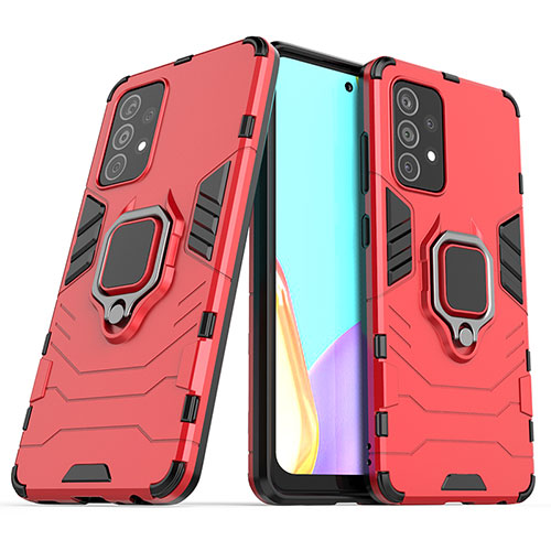 Silicone Matte Finish and Plastic Back Cover Case with Magnetic Finger Ring Stand S02 for Samsung Galaxy A52 4G Red