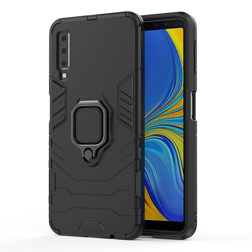 Silicone Matte Finish and Plastic Back Cover Case with Magnetic Finger Ring Stand S02 for Samsung Galaxy A7 (2018) A750 Black