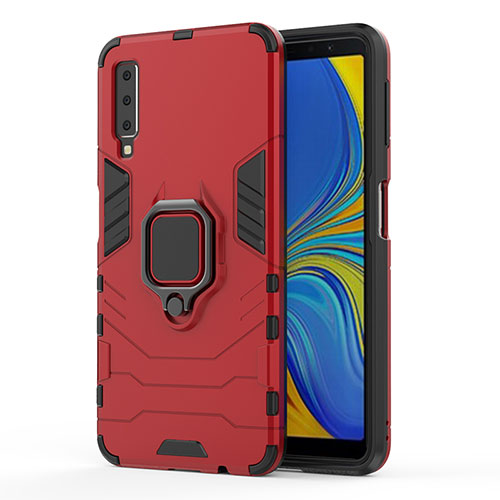 Silicone Matte Finish and Plastic Back Cover Case with Magnetic Finger Ring Stand S02 for Samsung Galaxy A7 (2018) A750 Red